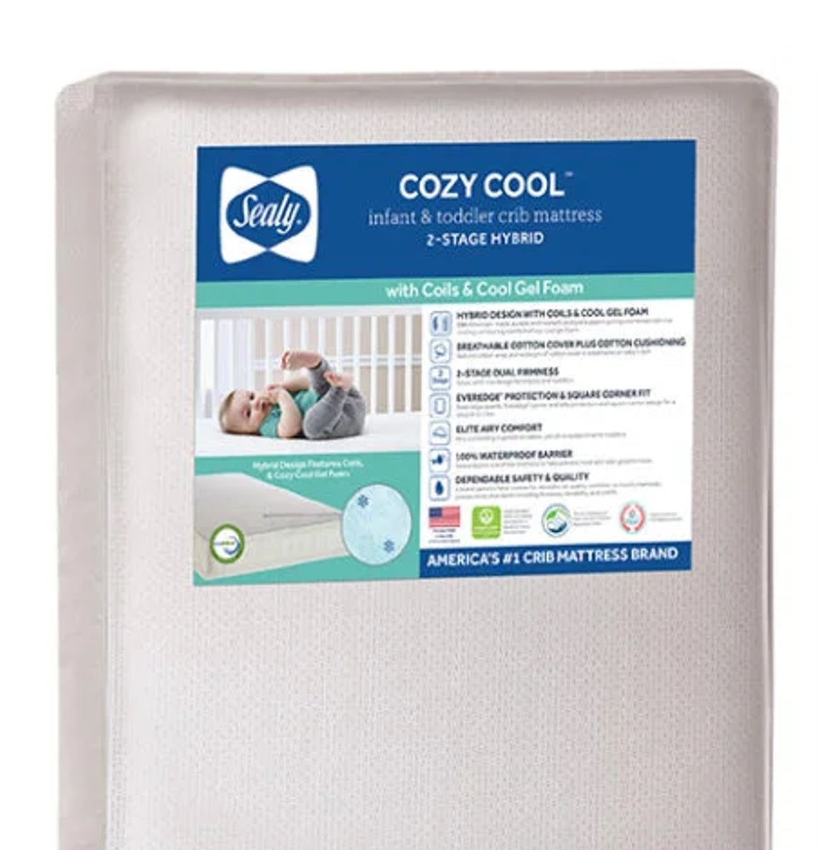 Sealy Cozy Cool Hybrid 2 Stage Coil Gel Baby Toddler Crib Mattre